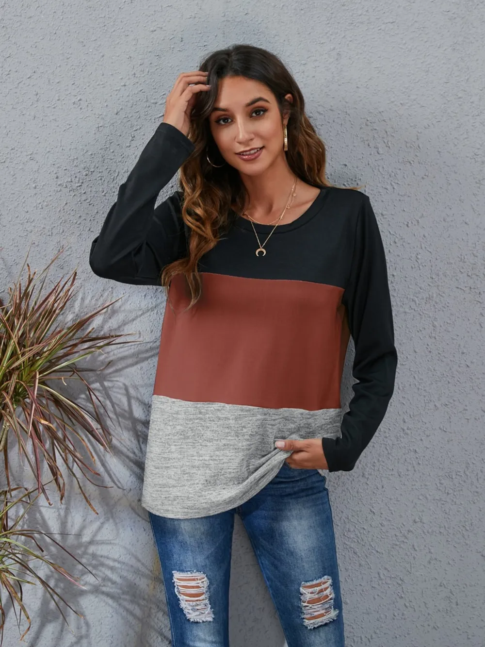 Color Block Round Neck Long Sleeve T-Shirt, image 8