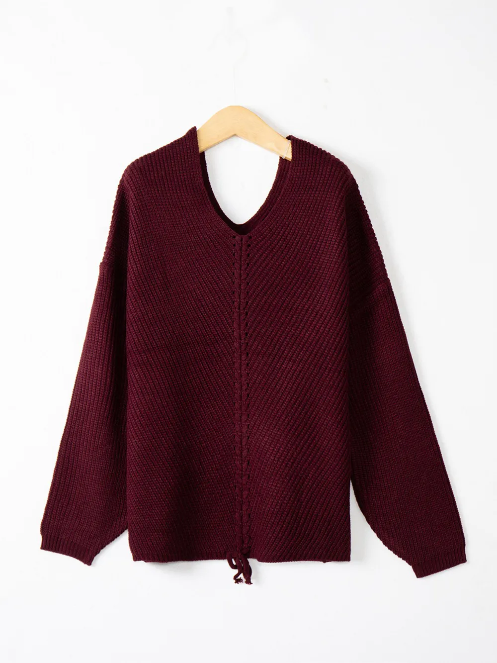 Full Size Lace Up V-Neck Long Sleeve Sweater, image 20