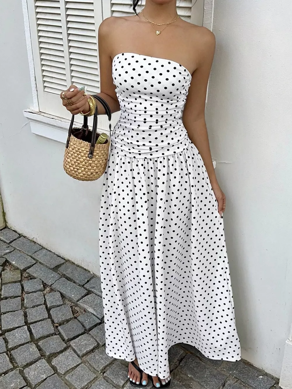 Polka Dot Ruched Strapless Maxi Dress, image 8