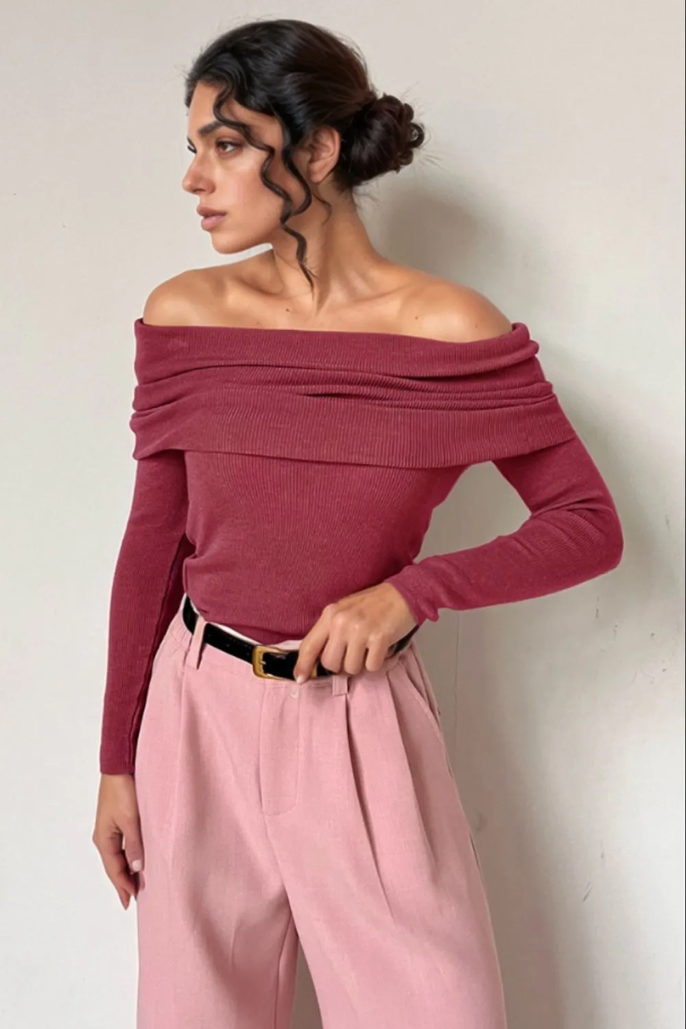 Off-Shoulder Long Sleeve Knit Top, image 3