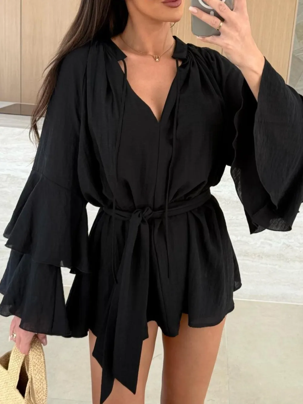 Bell Sleeve Tie Waist Mini Shirt Dress, image 17