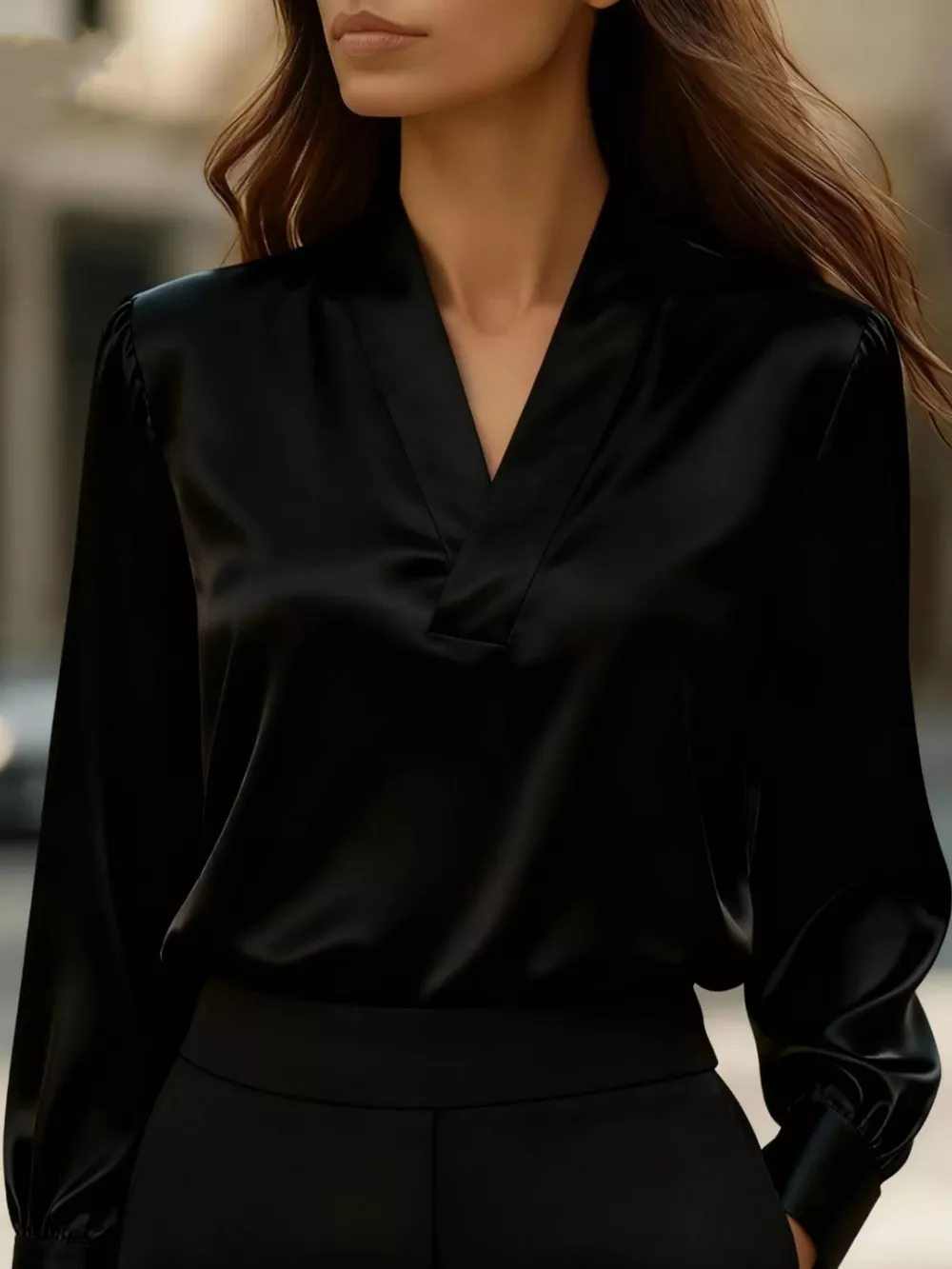Satin V-Neck Long Sleeve Blouse, image 6