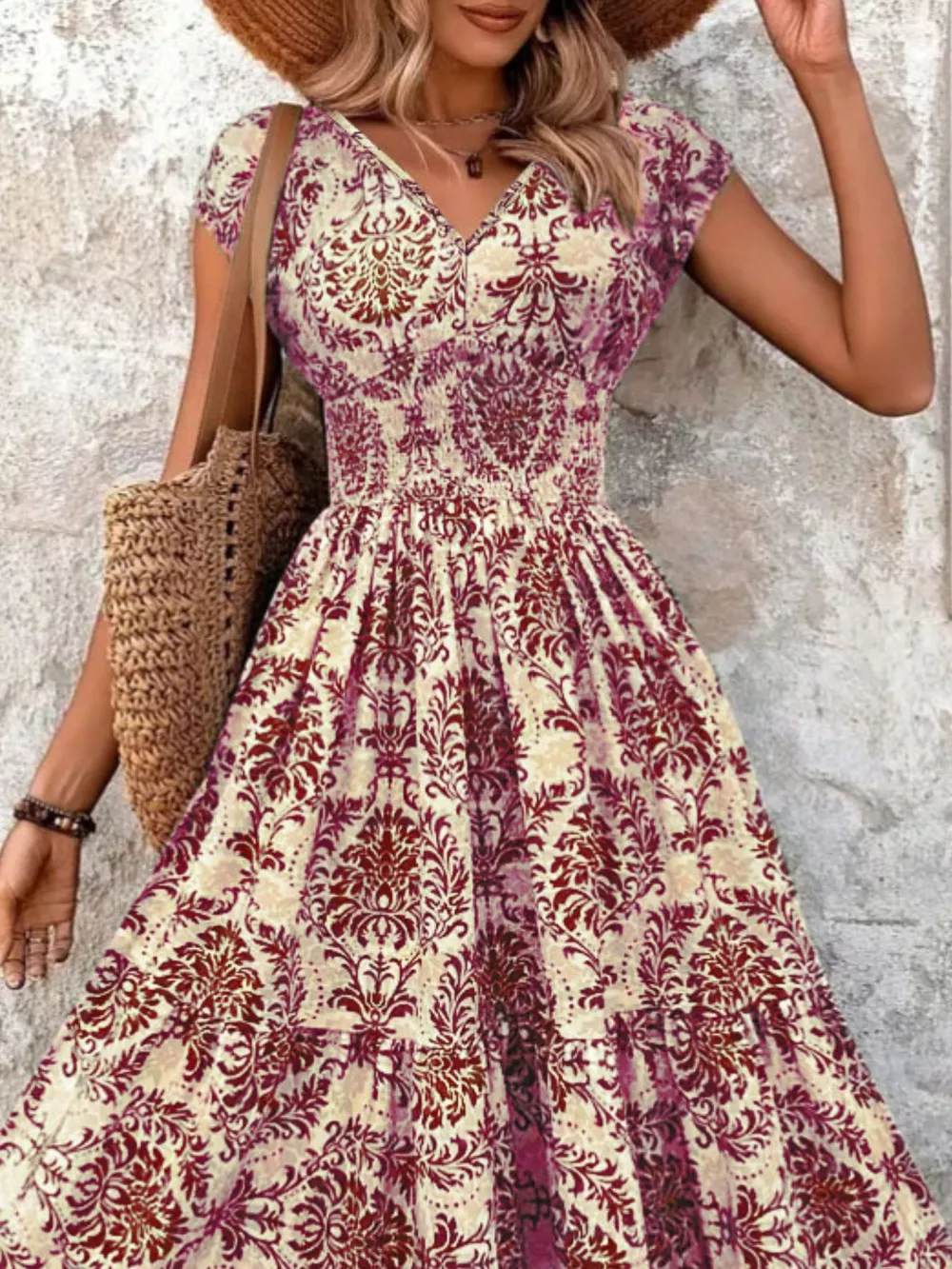 Full Size Printed V-Neck Tiered Maxi Dress Plus Size, image 12