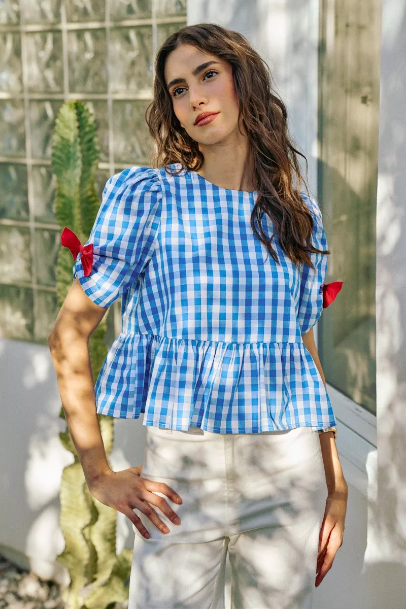 4th Of July Gingham Ribbon Detail Short Sleeves Blouse, image 12