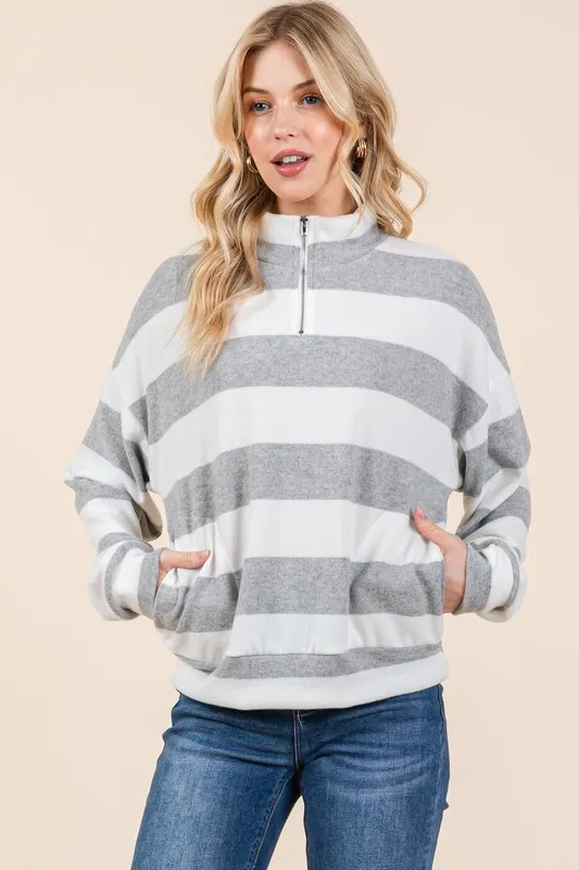 Striped Quarter Zip Drop Shoulder Sweatshirt