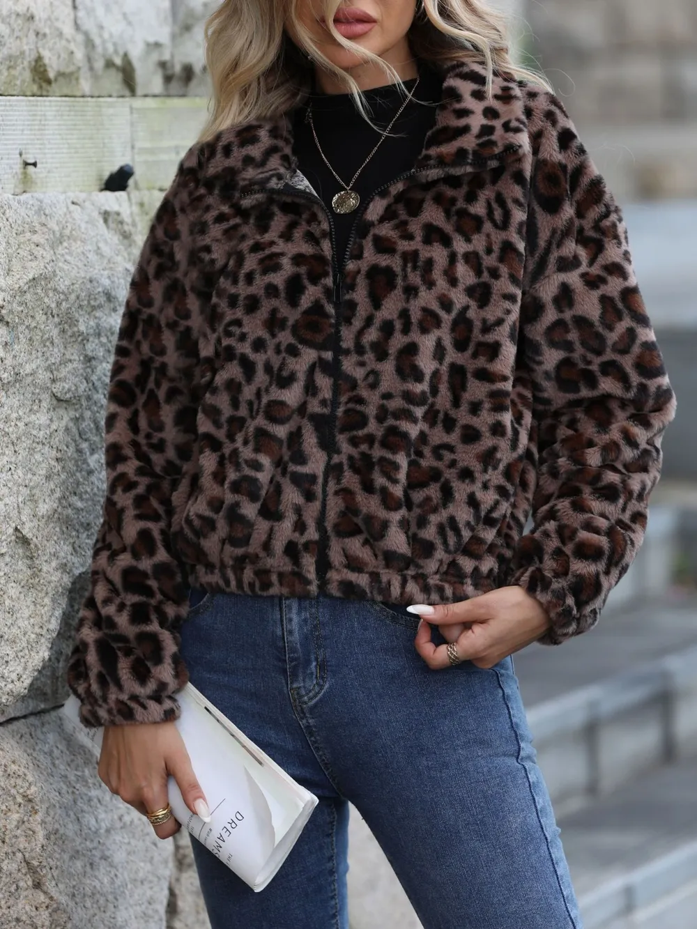 Leopard Collared Neck Zip Up Jacket, image 4