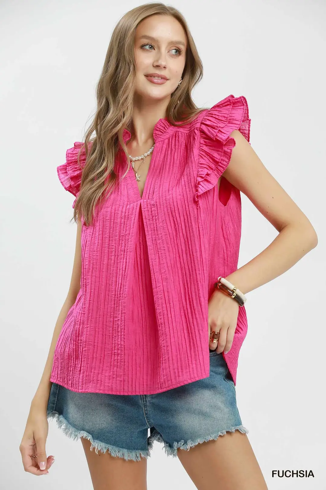 Textured Ruffle Sleeve Split V Neck Top