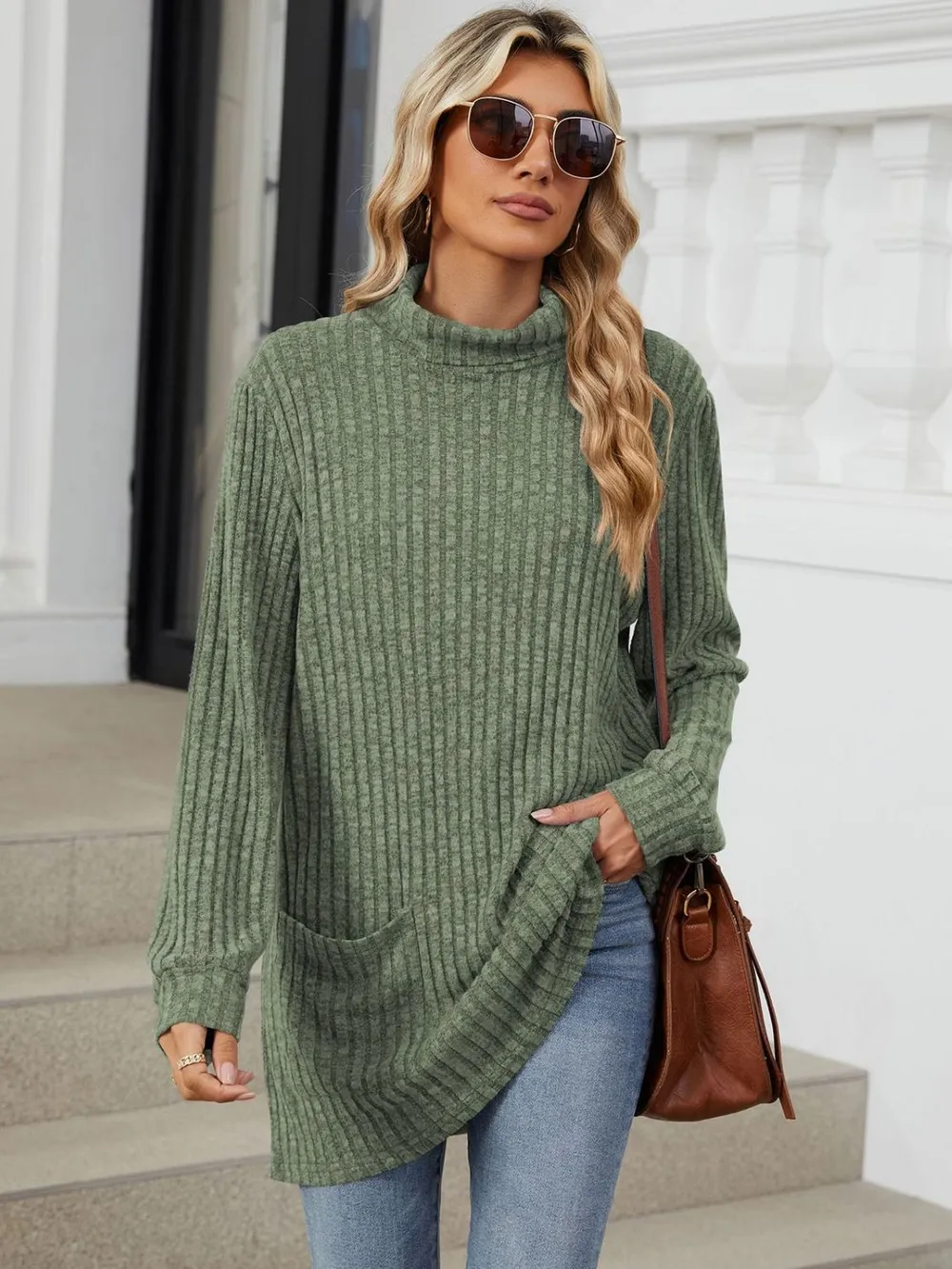 Ribbed Mock Neck Long Sleeve T-Shirt, image 17