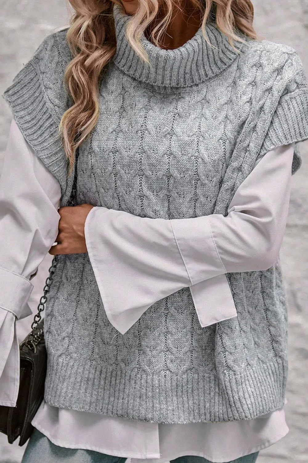 Cable Knit Turtleneck Short Sleeve Sweater, image 11