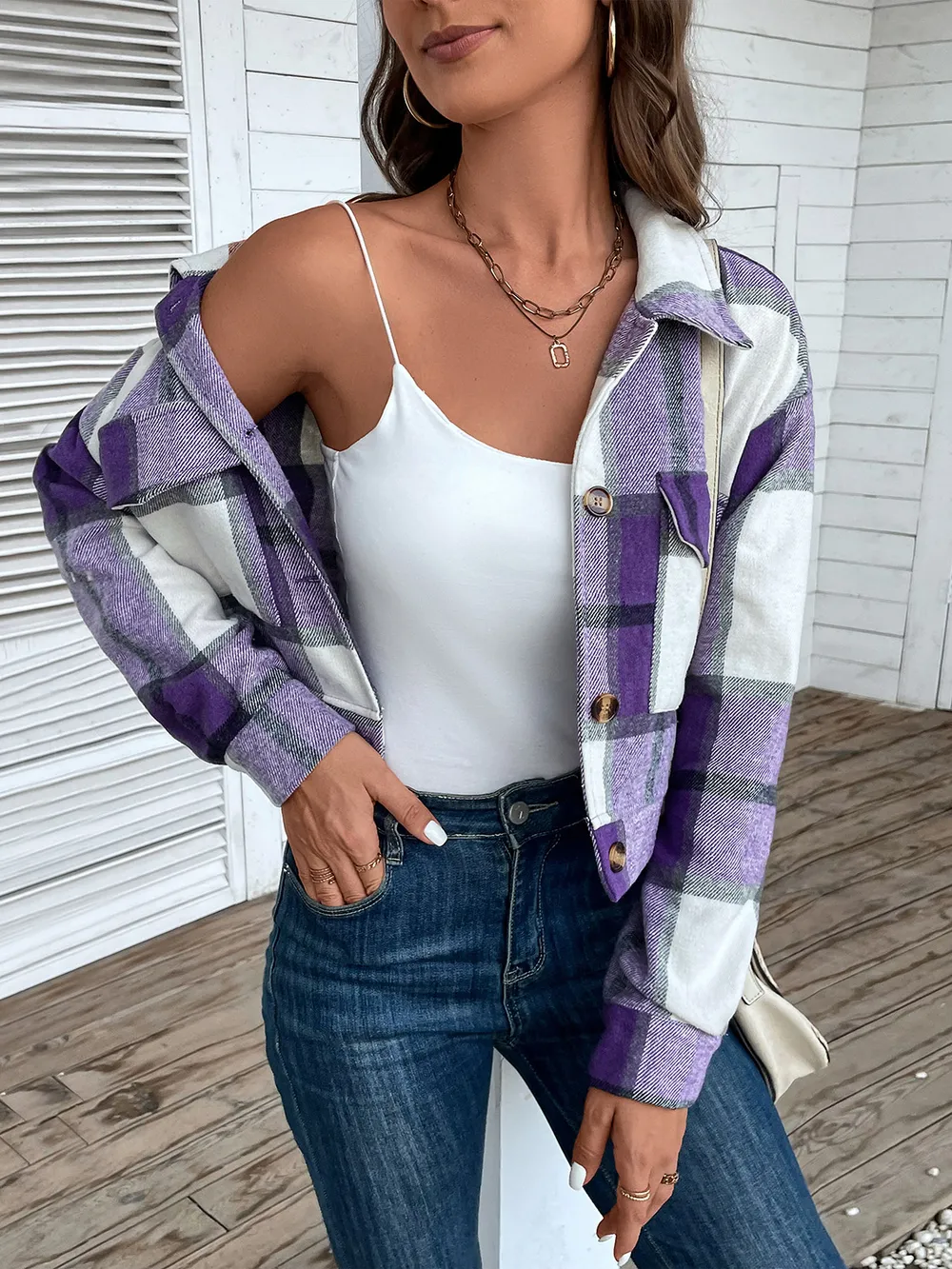 Plaid Button Up Drop Shoulder Cropped Jacket, image 16