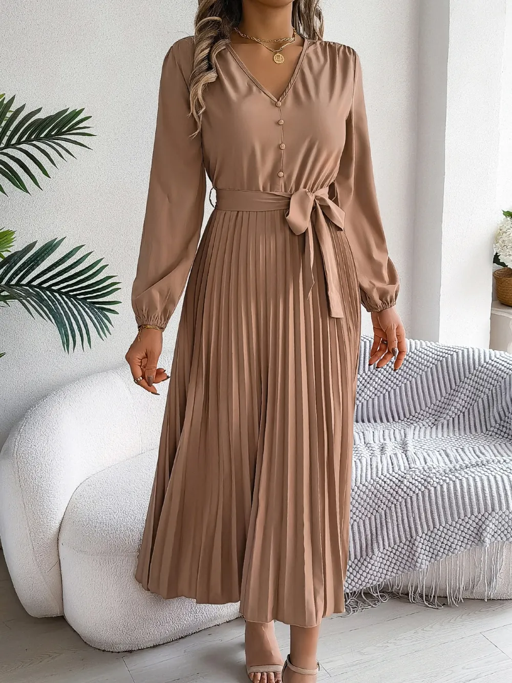 Pleated Tied V-Neck Long Sleeve Dress, image 5