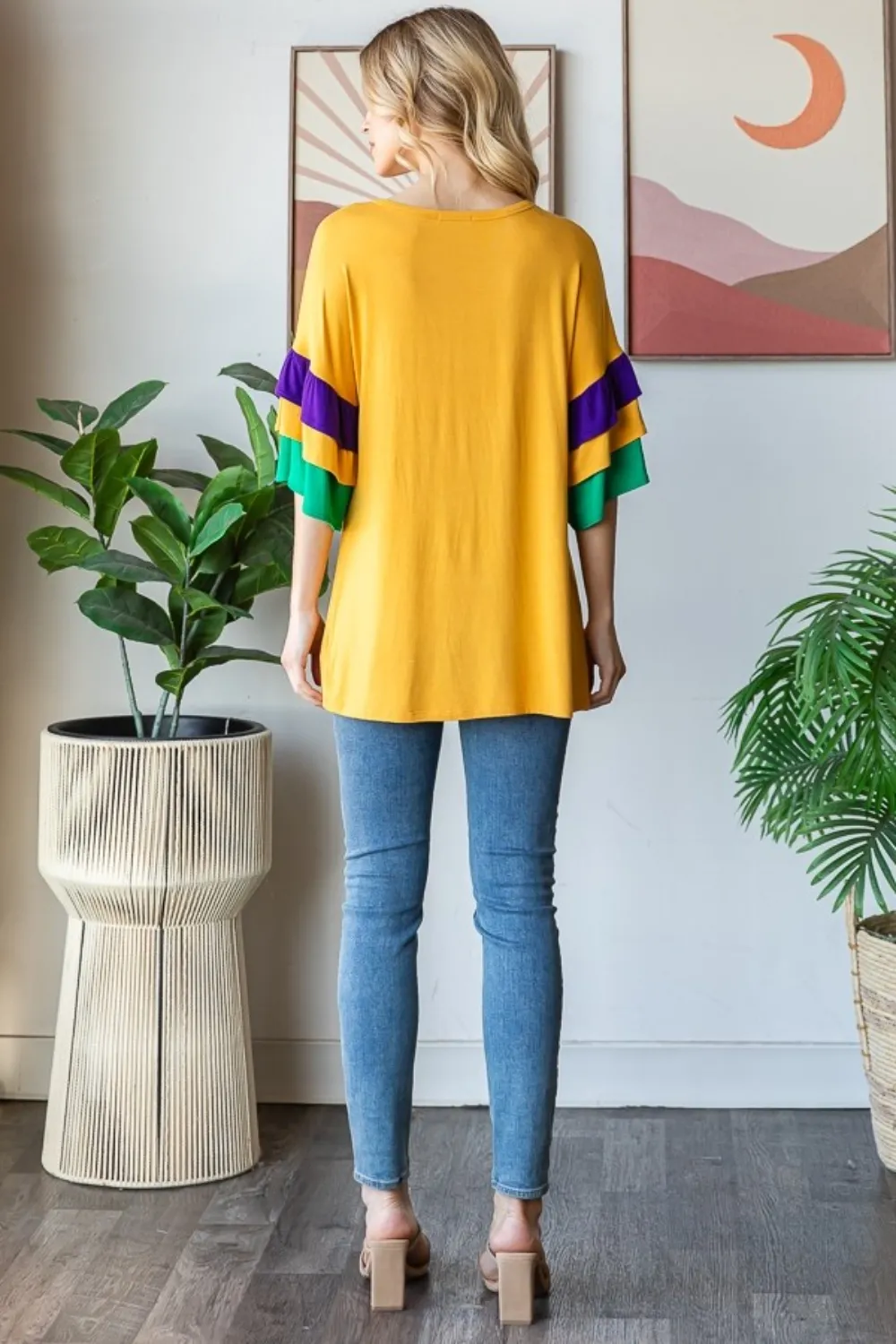 Full Size Round Neck Color Block Ruffled Half Sleeve Top Plus Size, image 6