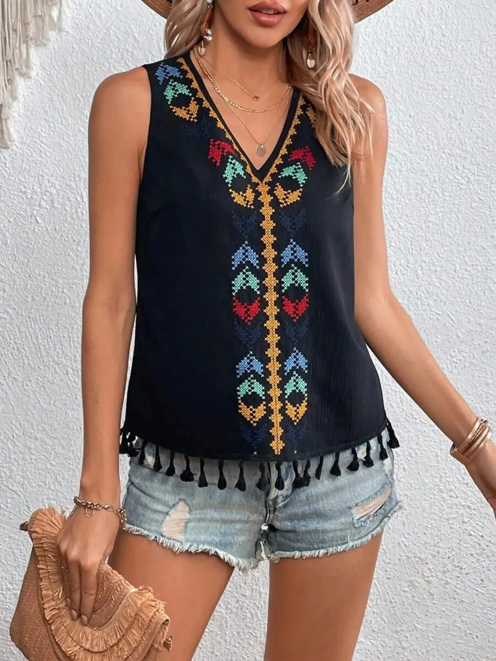 Tassel Printed V-Neck Tank, image 10
