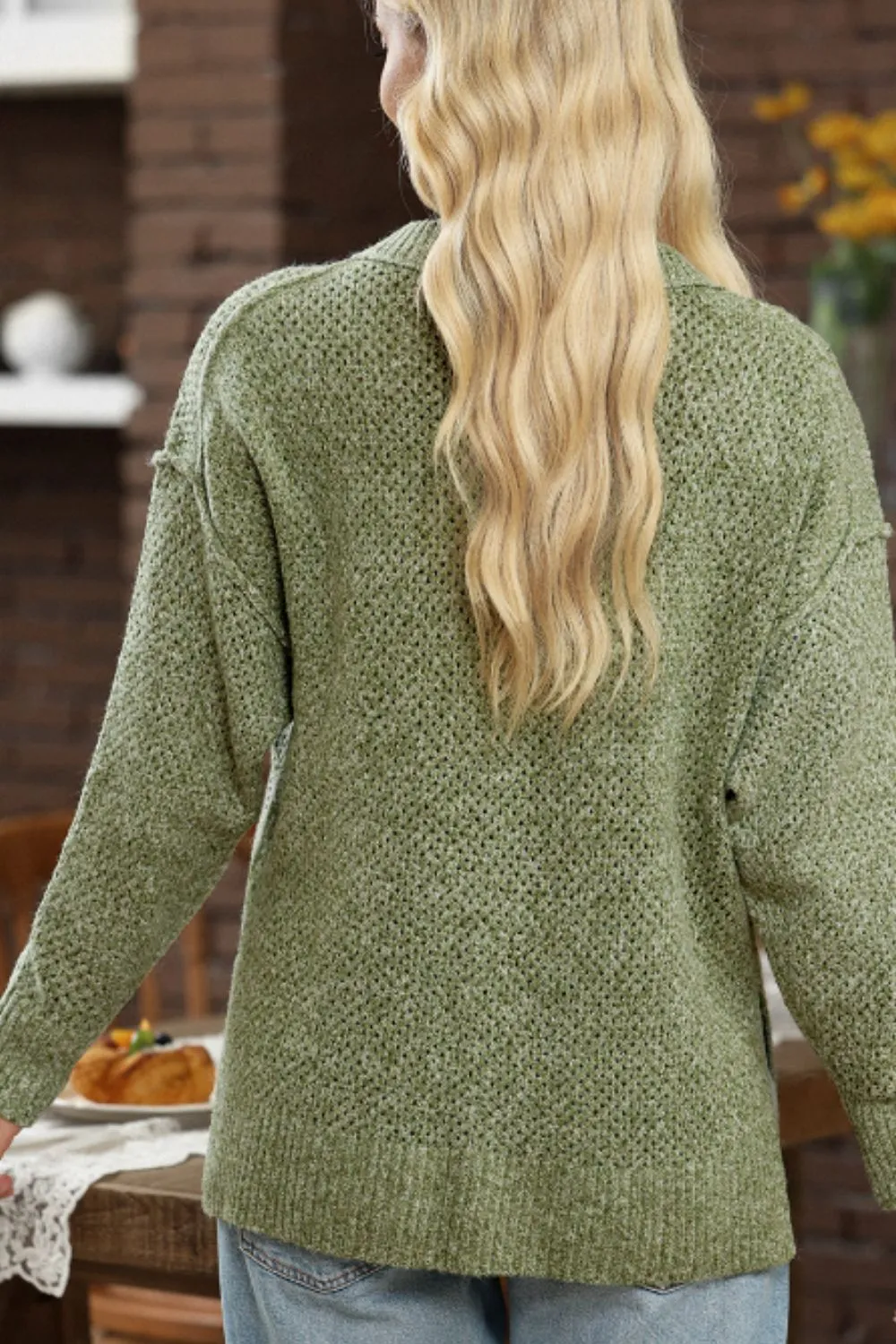 V-Neck Dropped Shoulder Long Sleeve Sweater, image 15