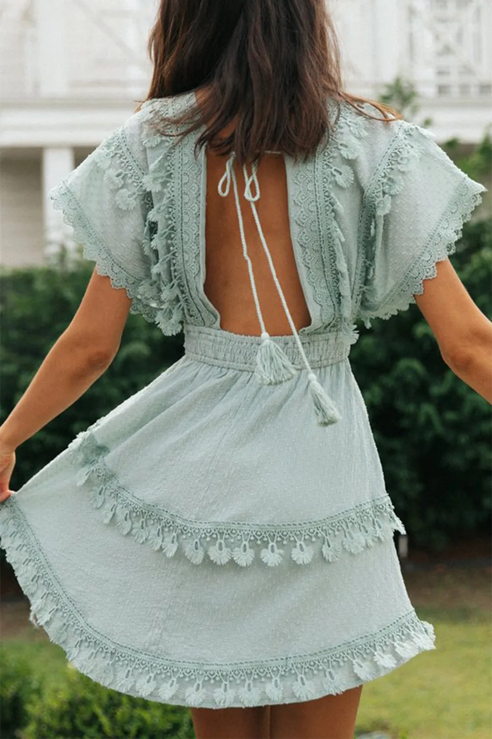 Lace Detail Plunge Short Sleeve Mini Dress, image 4