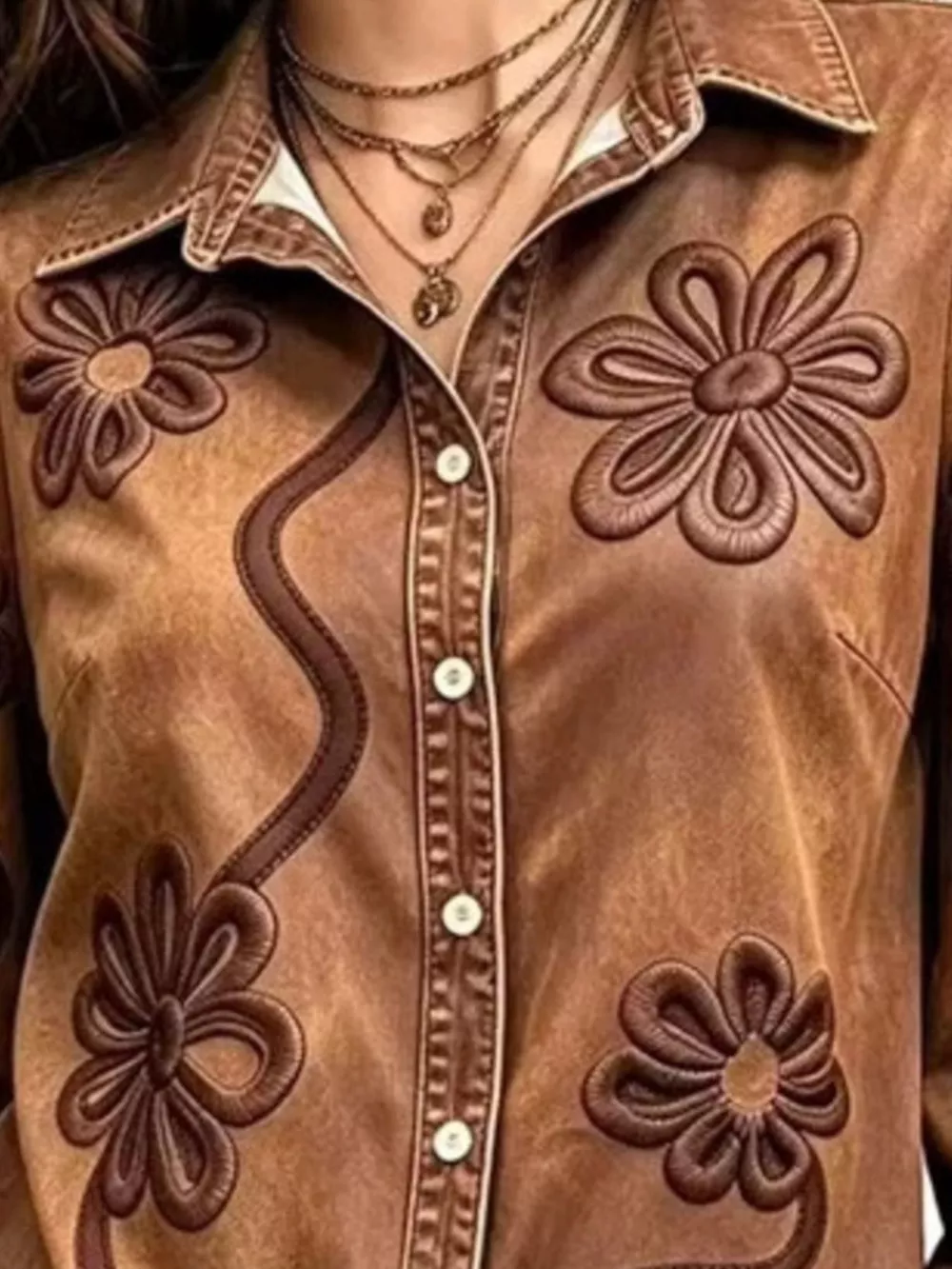 Full Size Denim Lock Floral Embroidered Shirt Plus Size, image 2