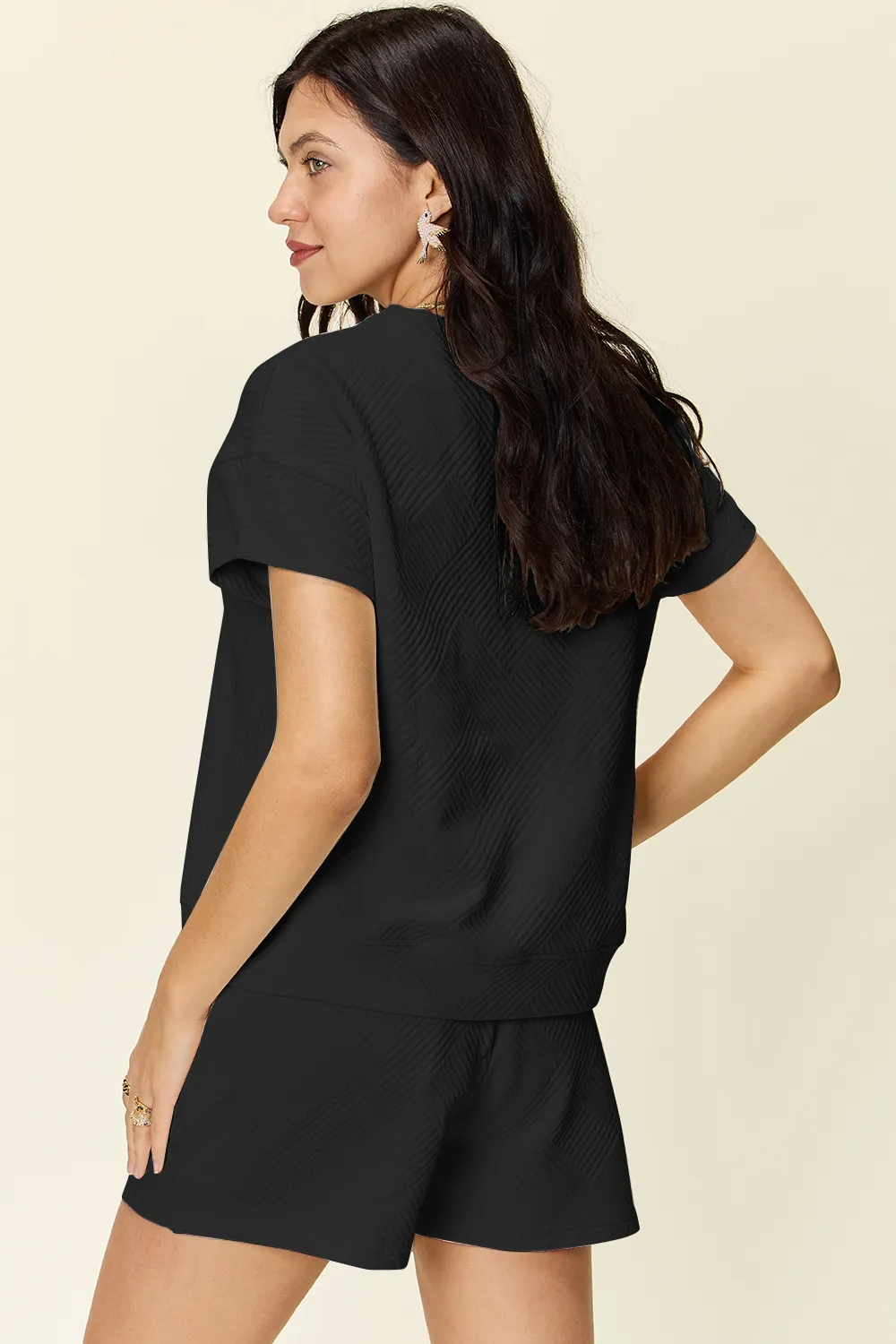 Full Size Texture Short Sleeve T-Shirt and Drawstring Shorts Set, image 22
