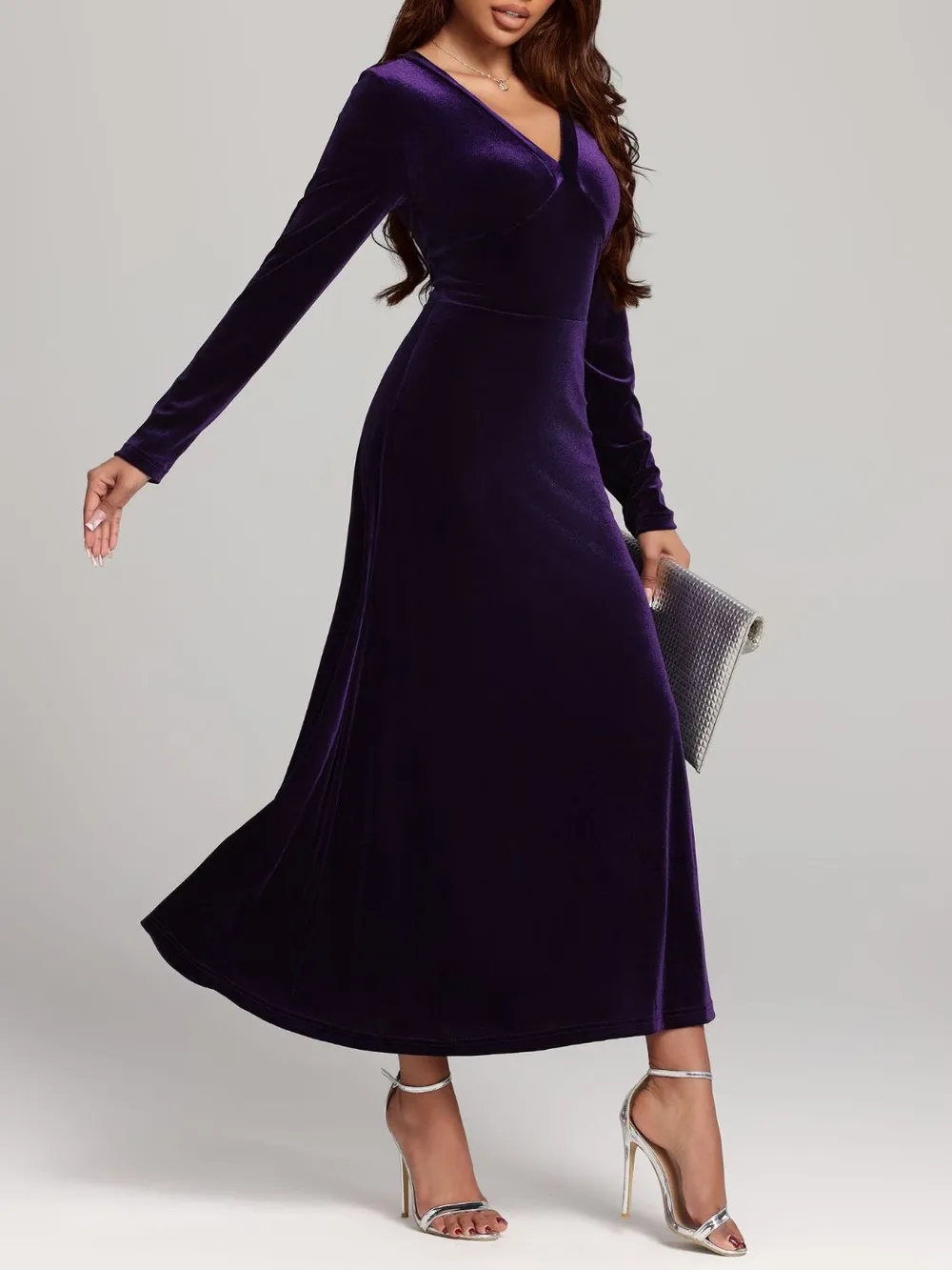 V-Neck Long Sleeve Velvet Dress, image 4