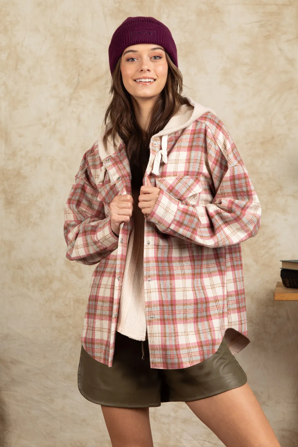 Drawstring Plaid Long Sleeve Hooded Jacket, image 4