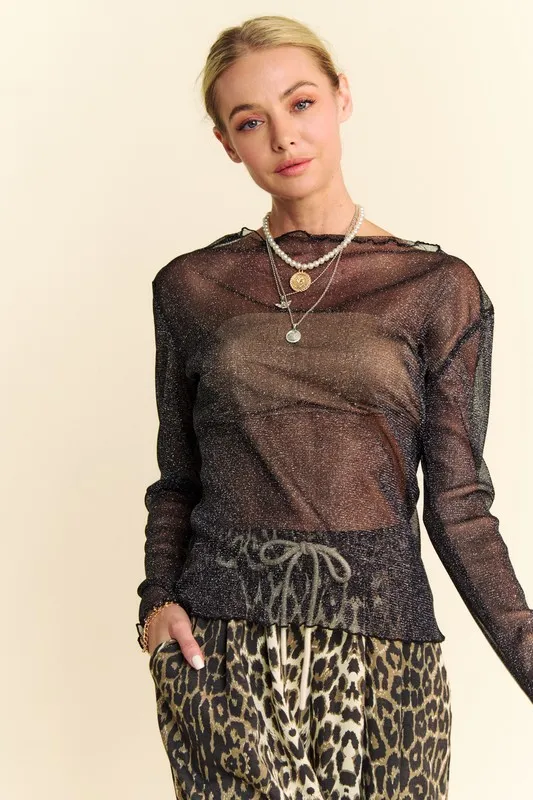 Glitter Mesh Lettuce Hem Long Sleeve Top, image 2