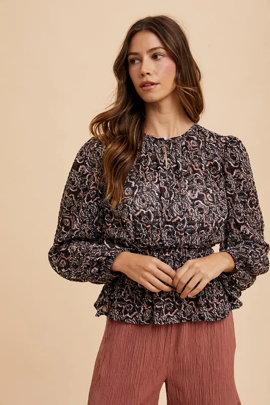 Abstract Print Balloon Sleeve Peplum Blouse, image 4