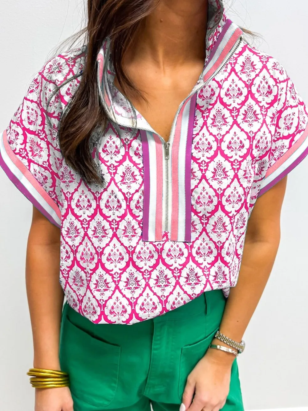 Printed Half Zip Short Sleeve Blouse, image 3