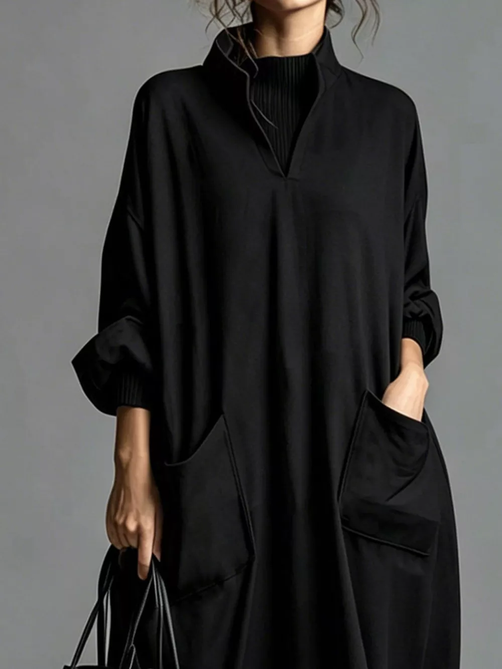 Full Size Loose-Fit Mock Neck Midi Dress with Pockets Plus Size, image 21