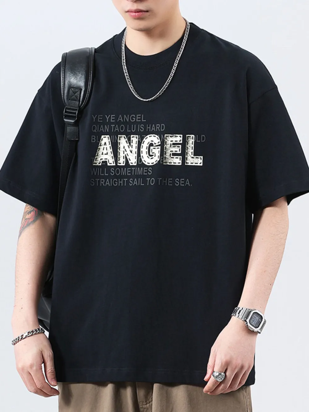 Men's Plus Size Letter Round Neck Short Sleeve T-Shirt, image 2