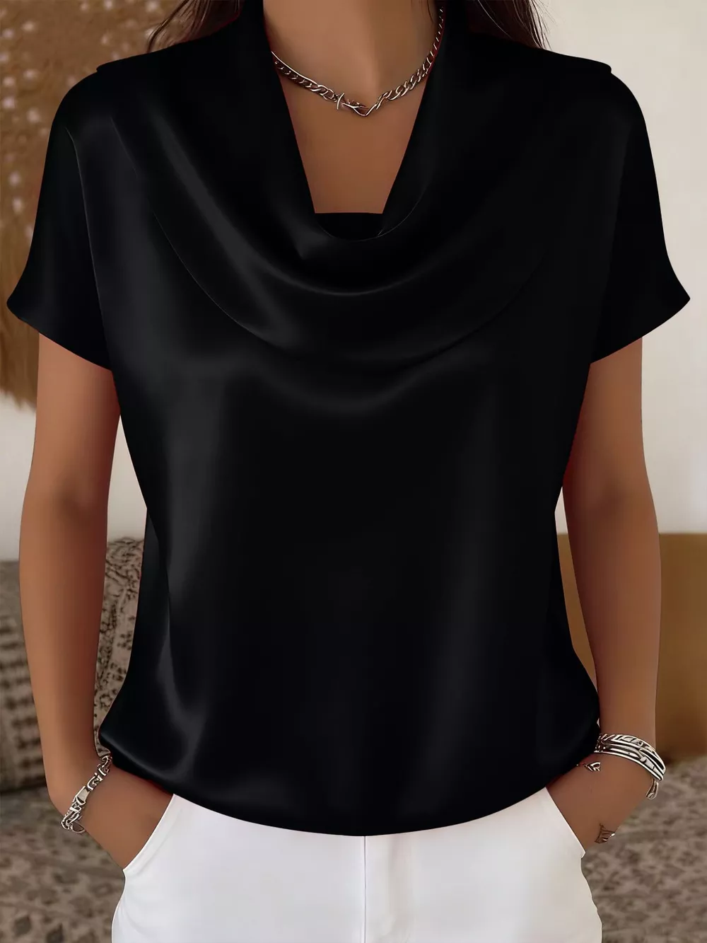 Cowl Neck Short Sleeve Blouse