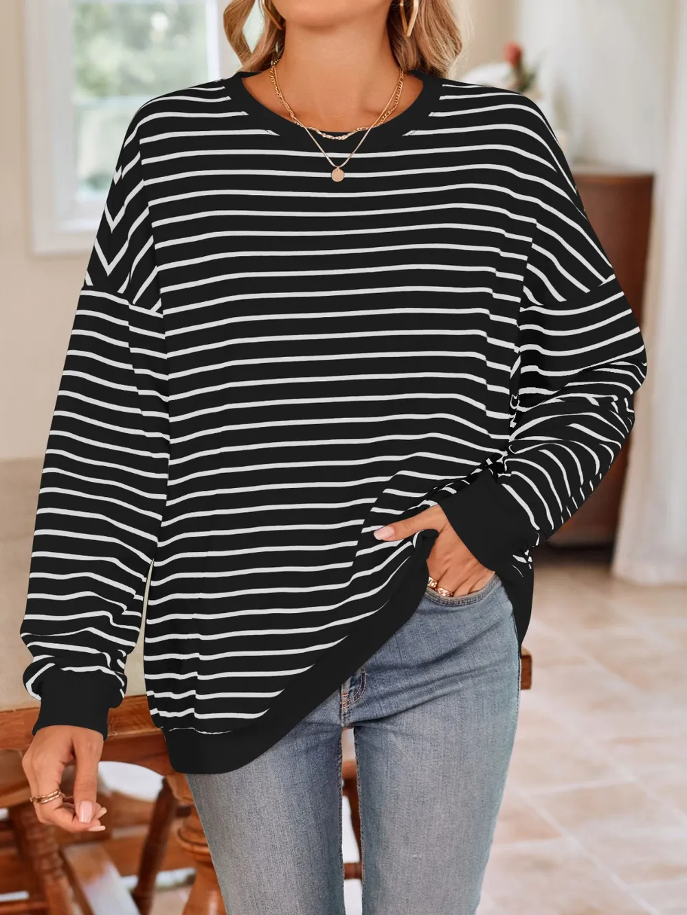 Striped Round Neck Long Sleeve Sweatshirt, image 27