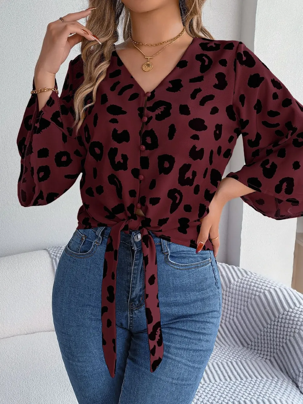Tied Button Up Leopard V-Neck Blouse, image 16