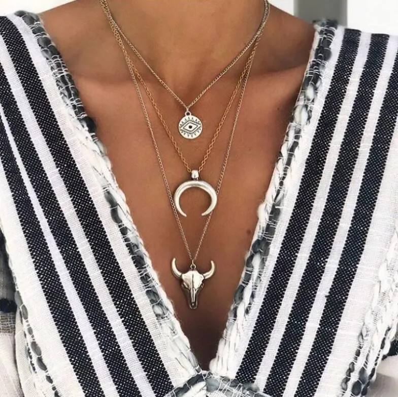 Alloy Three-Layered Bull Head Pendant Necklace, image 4