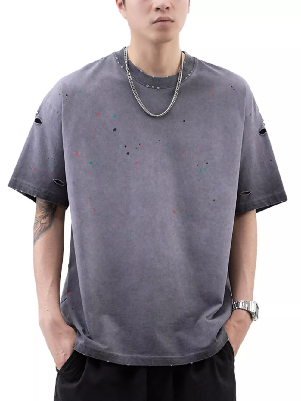 Men's Plus Size Distressed Round Neck Short Sleeve T-Shirt, image 4