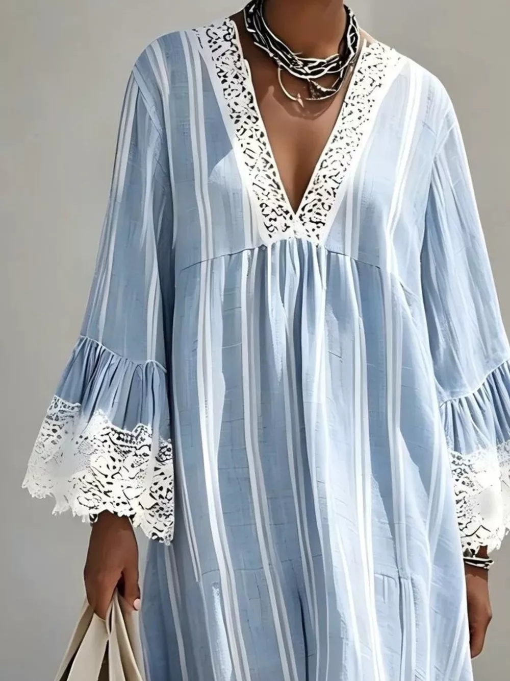 Lace Trim V-Neck Midi Dress, image 6