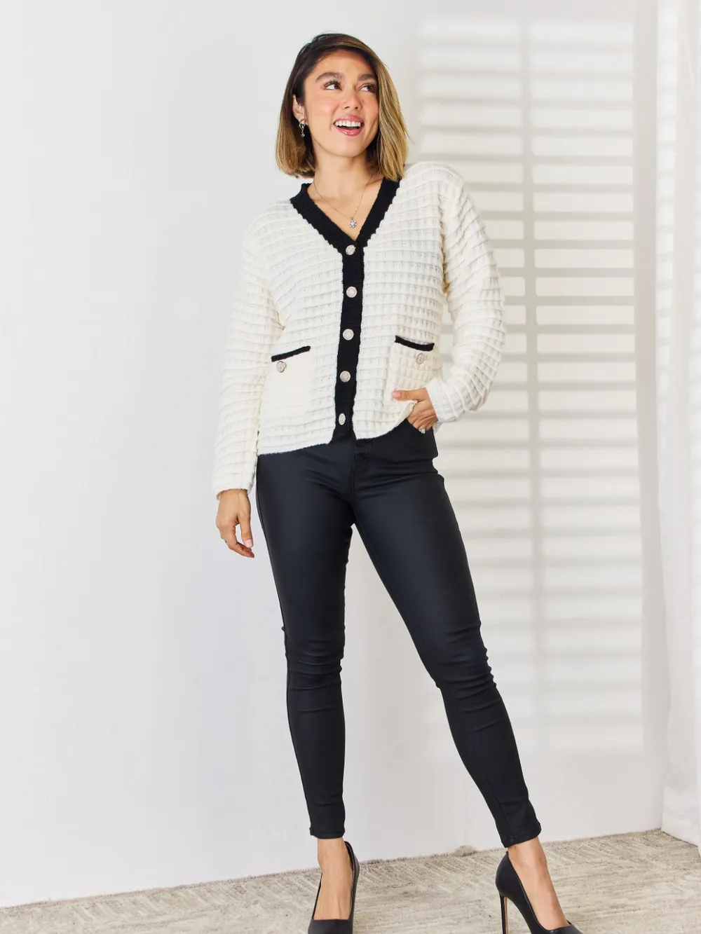 Contrast Trim Button Up Cardigan, image 7