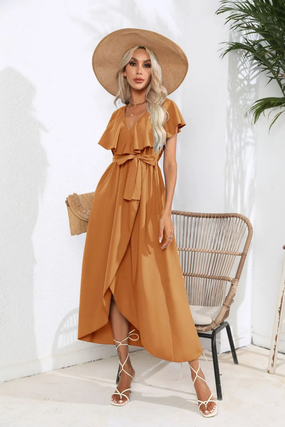 Tied Front Ruffled Short Sleeve Midi Dress, image 14