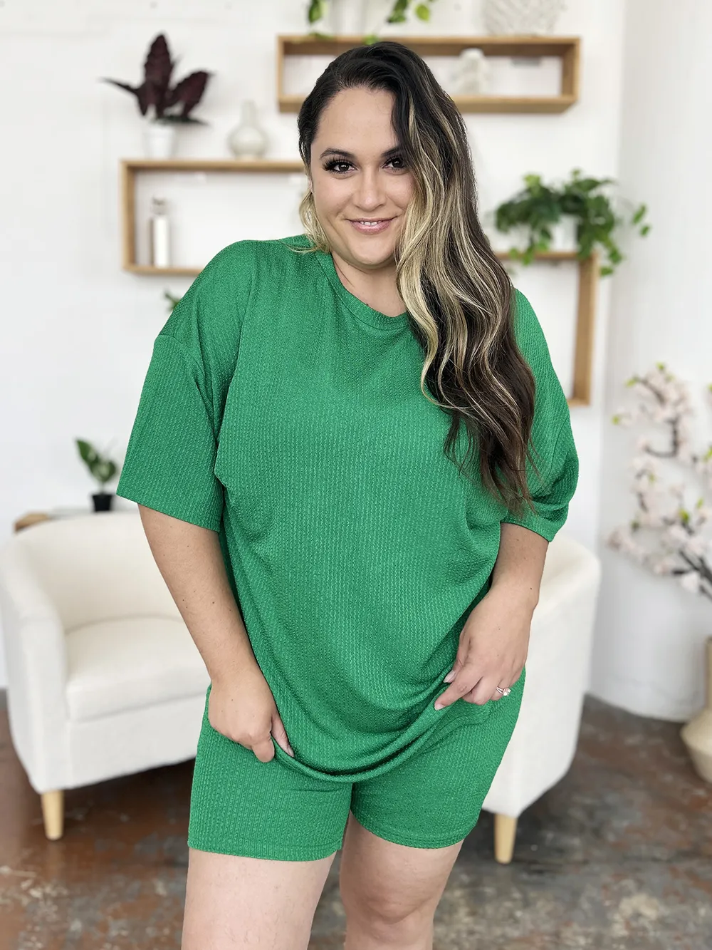 Full Size Texture Round Neck Drop Shoulder T-Shirt and Shorts Set, image 16