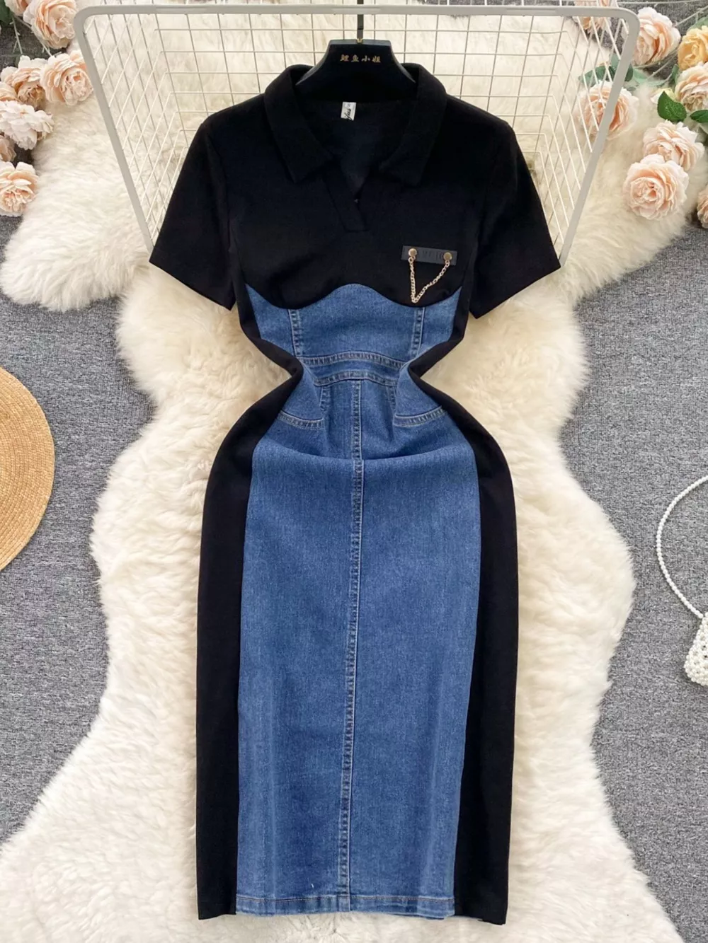 Full Size Color Block Denim Patchwork Bodycon Mini Dress Plus Size, image 5