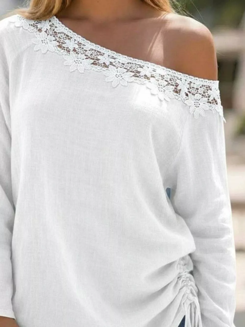 Lace Trim One Shoulder Ruched Top, image 6