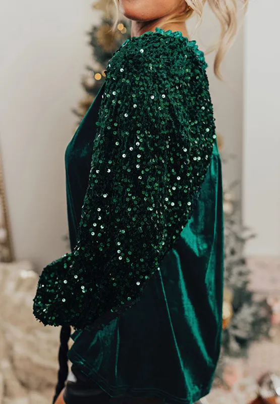 Sequin Notched Long Sleeve Blouse, image 10