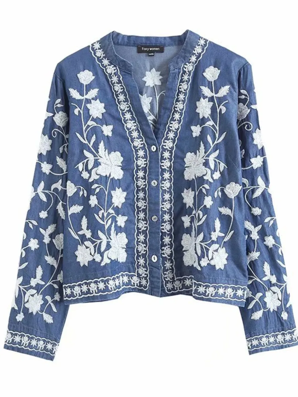 Floral Embroidered Button Up Denim Shirt, image 5