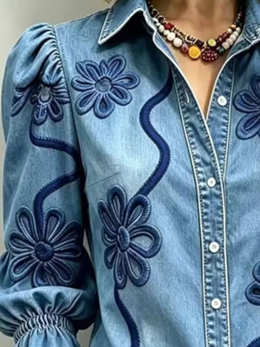 Full Size Denim Lock Floral Embroidered Shirt Plus Size, image 4