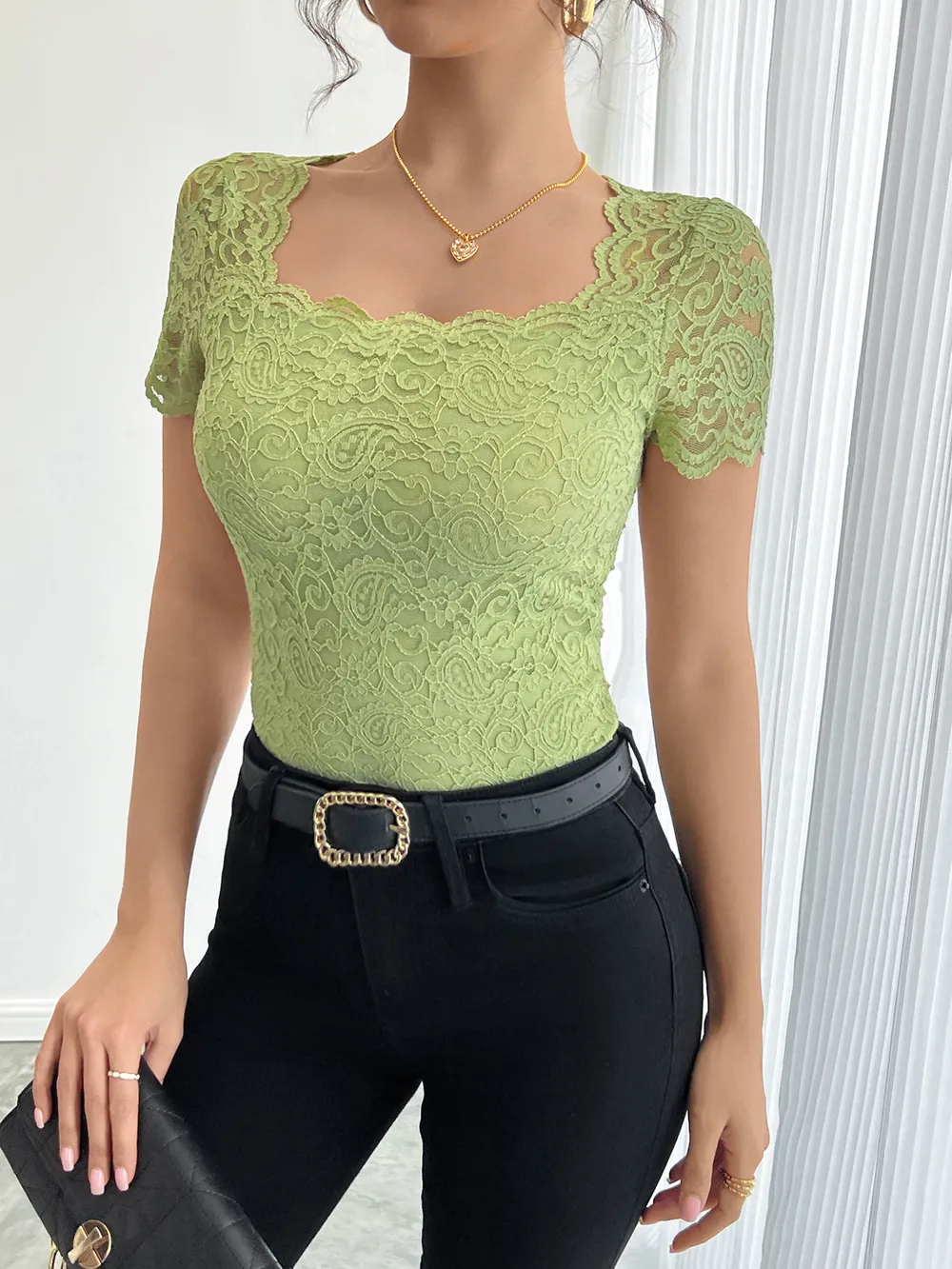 Floral Lace Square Neck T-Shirt, image 4