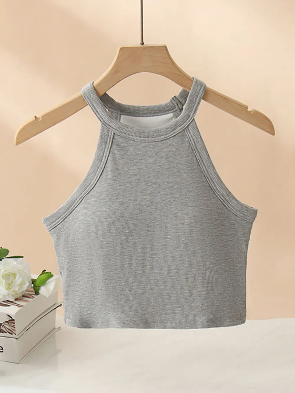 Ribbed Grecian Neck Cropped Tank with Chest Pads, image 14