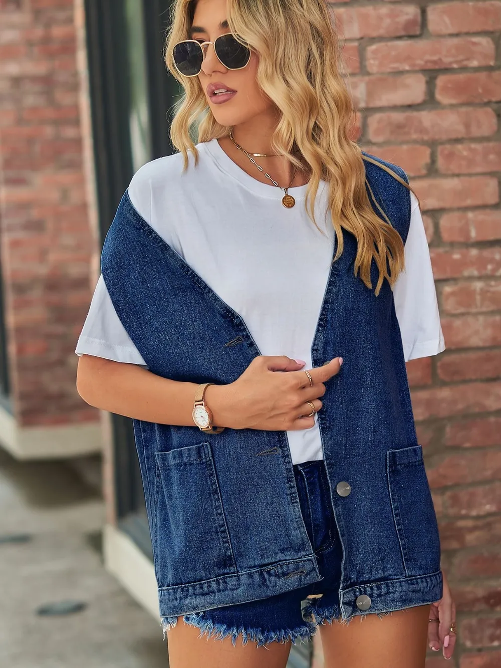 Full Size V-Neck Button Up Denim Vest, image 9