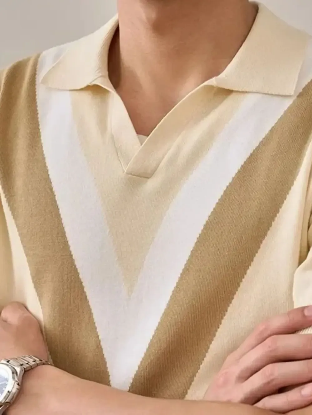 Men's Plus Size V-Pattern Contrast Knit Polo Shirt, image 2