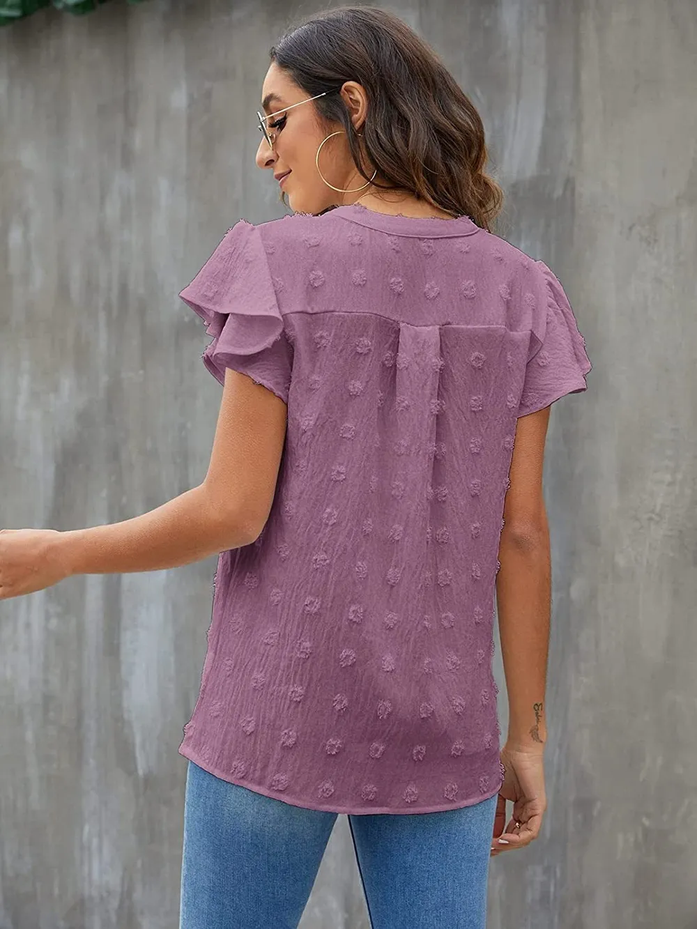 Swiss Dot Notched Flutter Sleeve Blouse, image 25