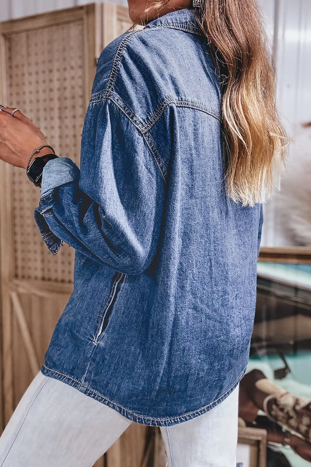 Western Patch Pockets Tunic Length Long Sleeve Denim Shirt, image 4