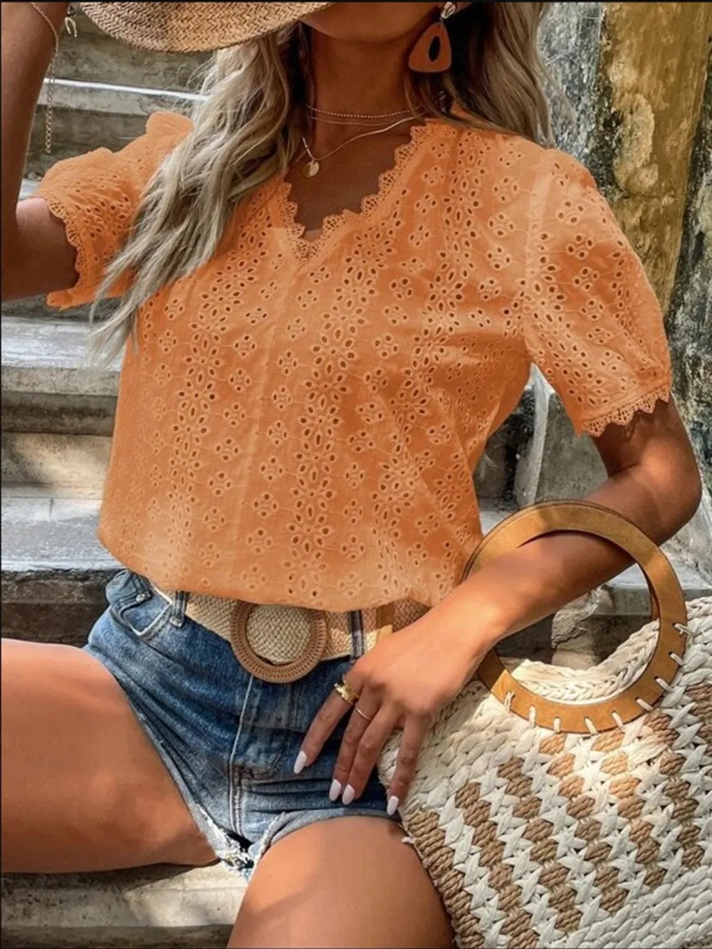 Full Size Lace Detail Eyelet V-Neck Short Sleeve Blouse Plus Size, image 15