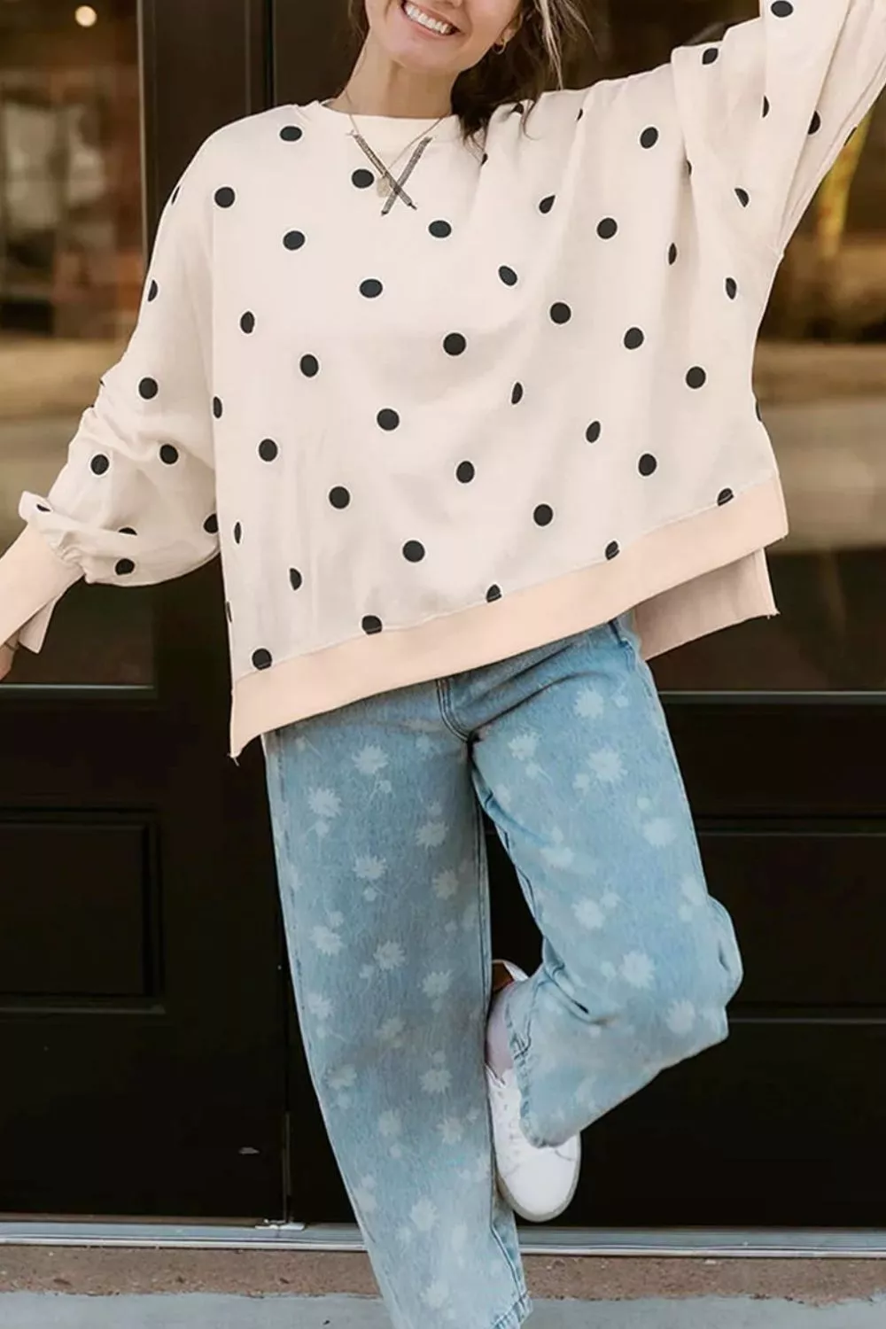 Loose-fit Long Sleeve Round Neck Polka Dot Tunic Sweatshirt, image 3